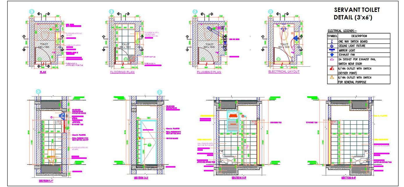 Servant Toilet Design Free DWG- 3'x6' with Plumbing and Electrical Plans